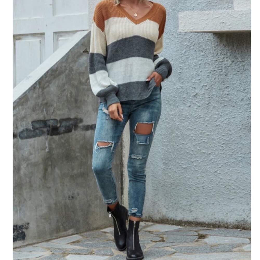 Autumn Shades Colorblock Knit Slouchy Sweater - Picture 4 of 8